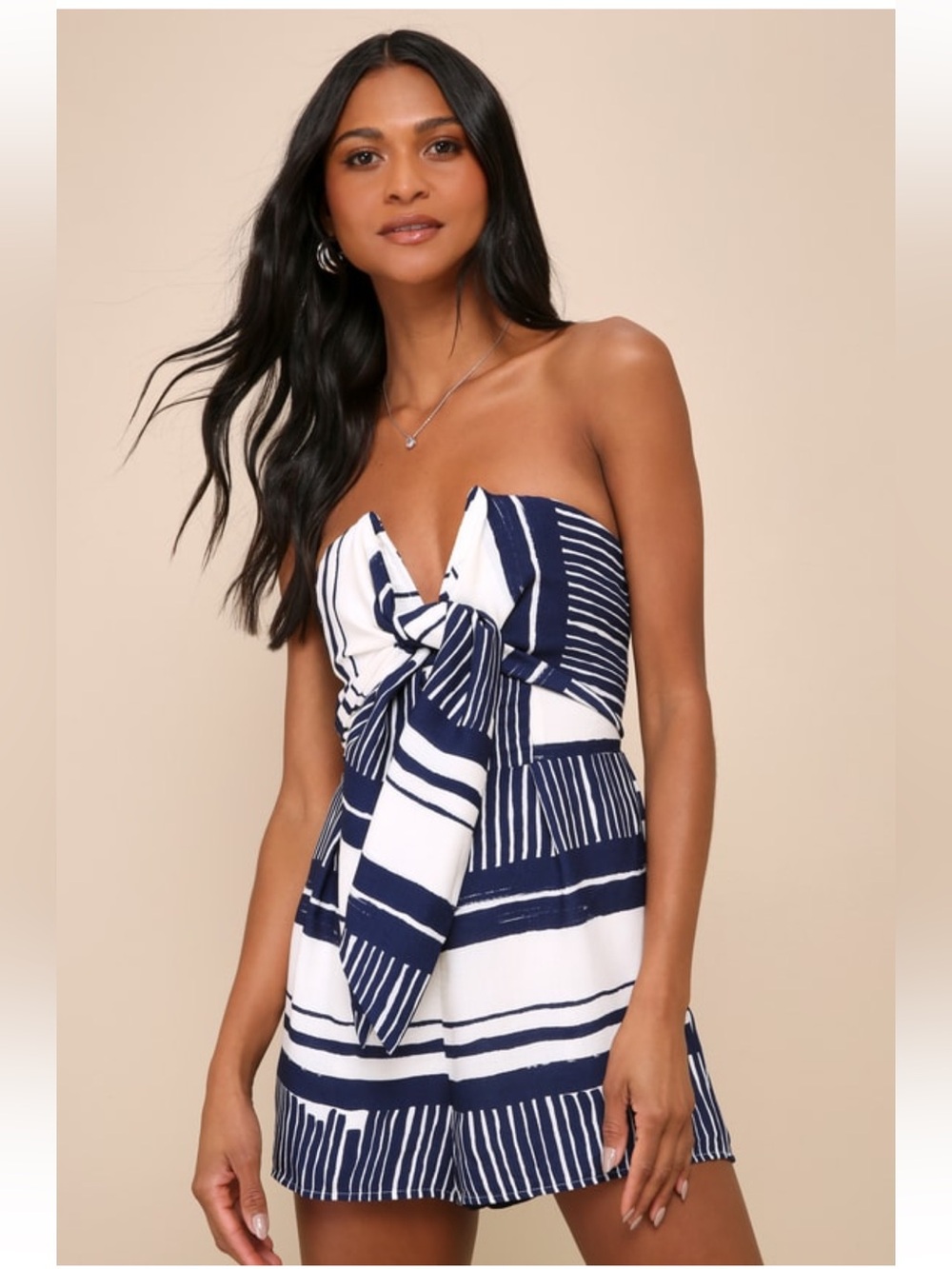 Lulu's Navy & White Strapless Tie-Front Romper